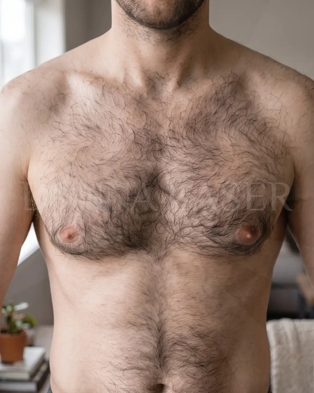 Antes — tórax com pelos, cliente Donna Laser